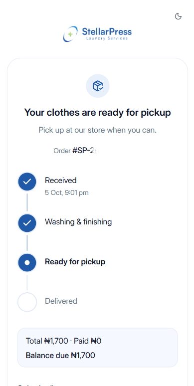Your Laundry. Your Updates. ready for pickup screen